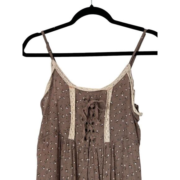 Sacred Threads Dress Size ML Brown Sleeveless Floral Crochet Trim Knee Length - Picture 2 of 11
